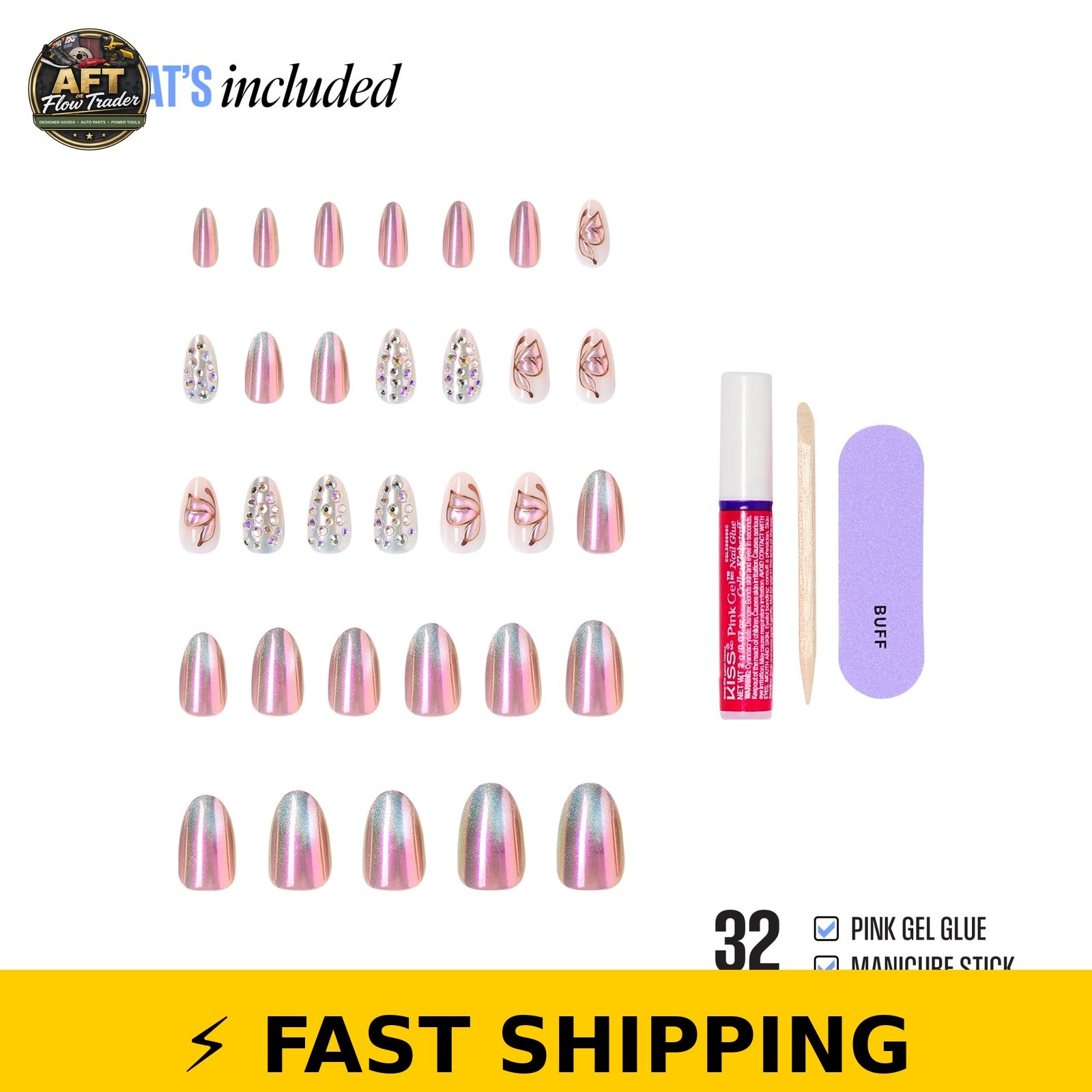 Kiss Press On Nails Almond Rose Knot Pink Medium 32 Count