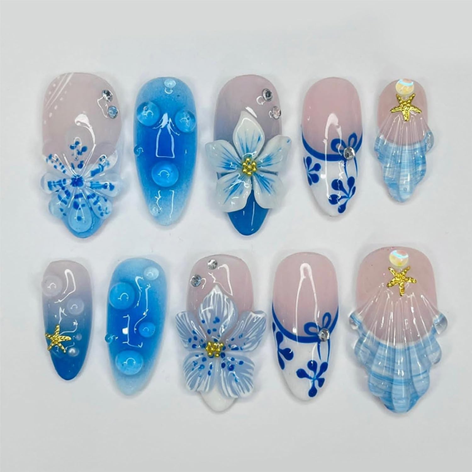 BMKKOT Blue Flower Starfish Almond Press On Nails
