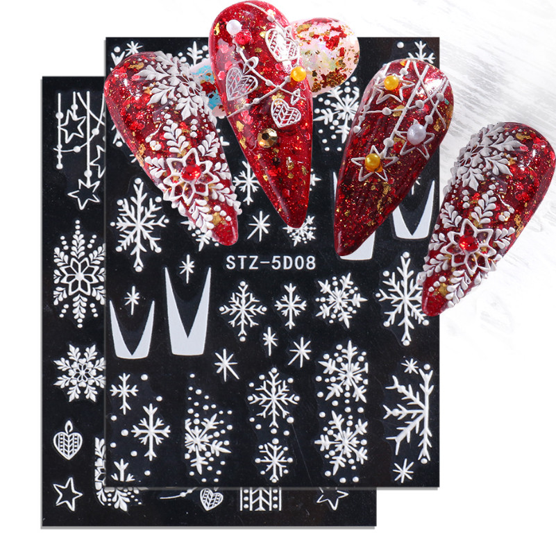 5D Embossed Christmas Snowflakes Tulip Flowers Heart Bear Nail Stickers Peel Off