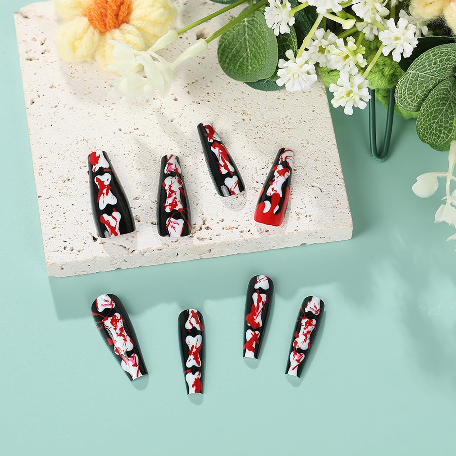 Halloween Press on Nails Long Coffin Fake Nails Black False Nail Tips with Sk…