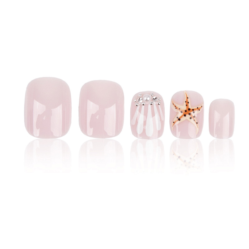 48Pcs-Short Oval Nude Seashell Starfish Tiny Rhinestone Press on Nails Set