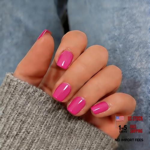 Hot Pink Press On Nails – Short Square – 30 Pcs Sturdy Reusable Fake Hot Pink