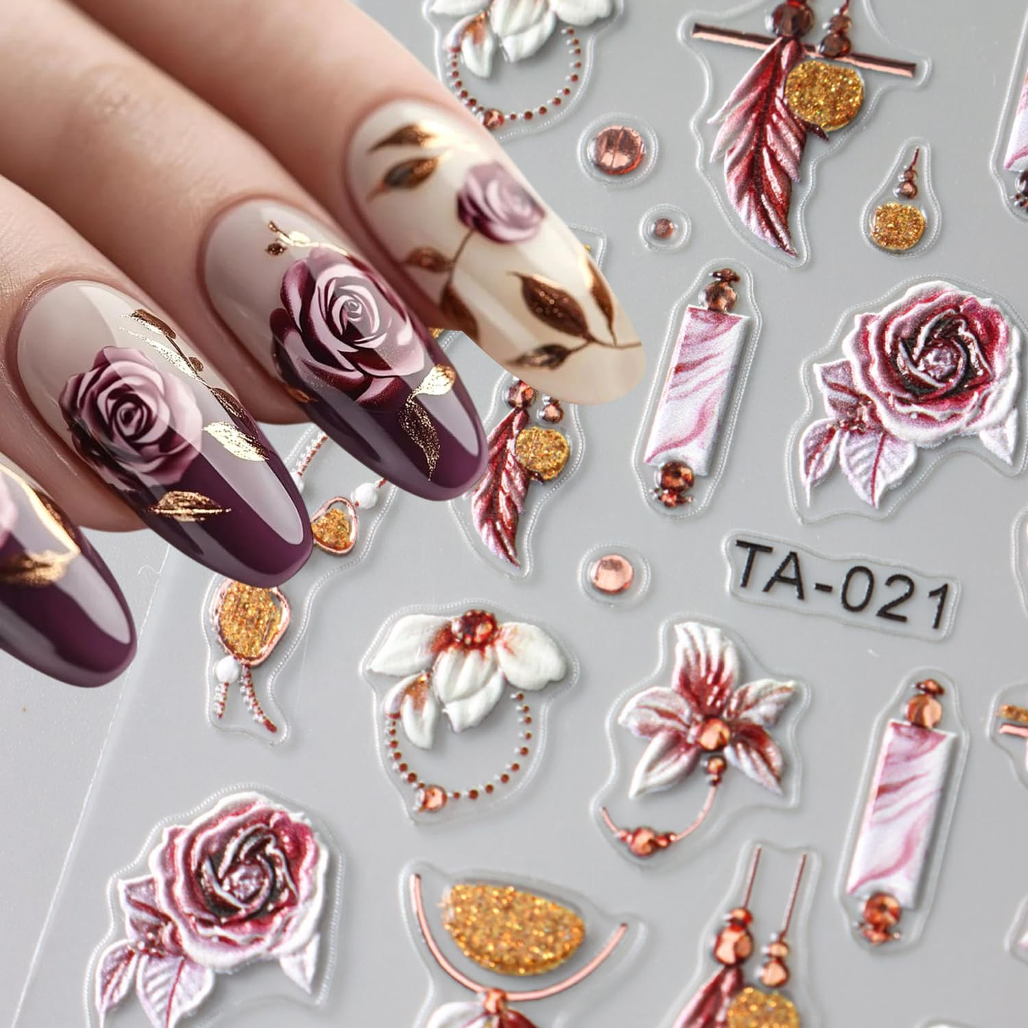 2Sheets 5D Embossed Flower Nail Art Stickers Self-Adhesive Smudge Rose Flowers F