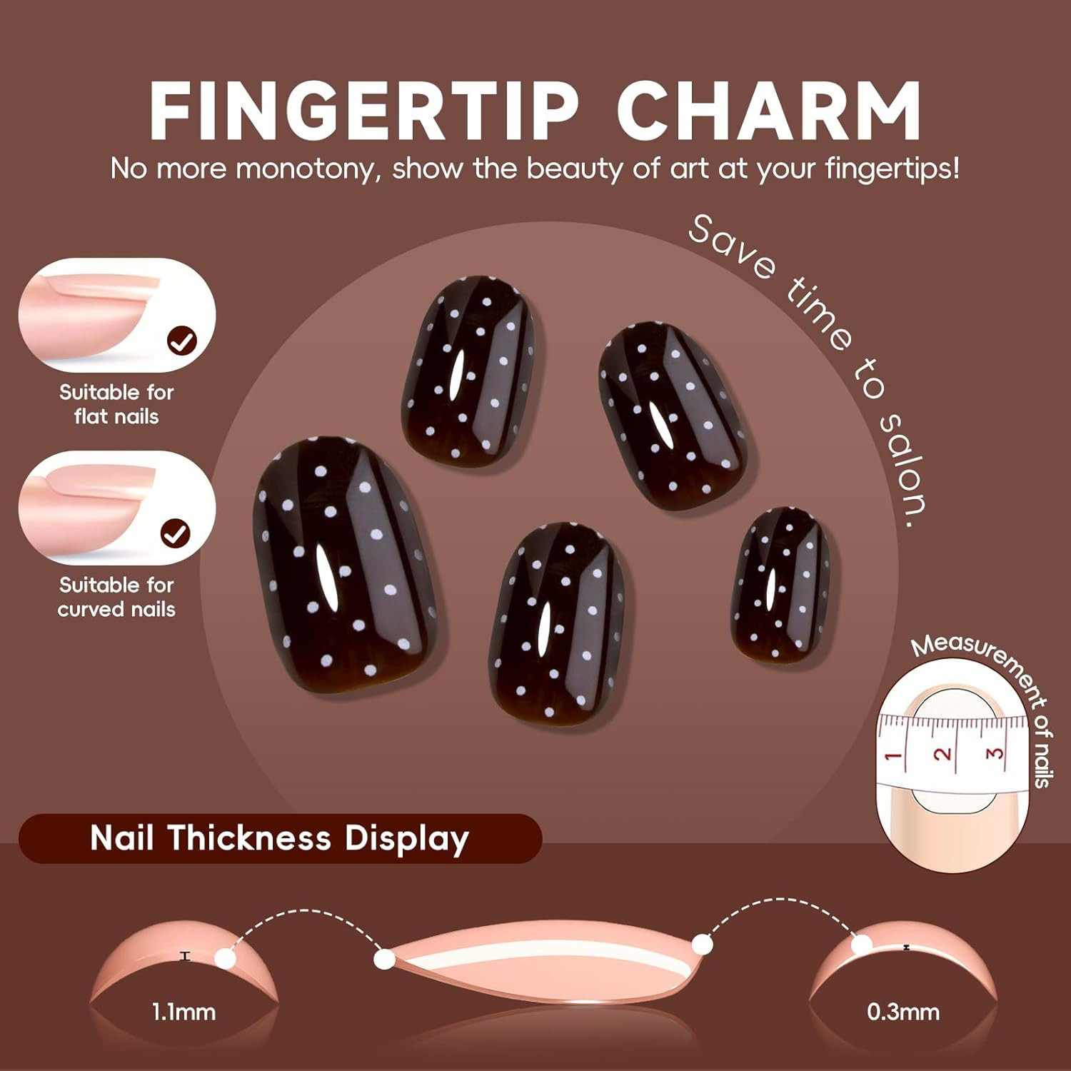 Dark Brown Red Polka Dot Press on Nails Short Oval, 24Pcs Glossy Fall Winter Glu
