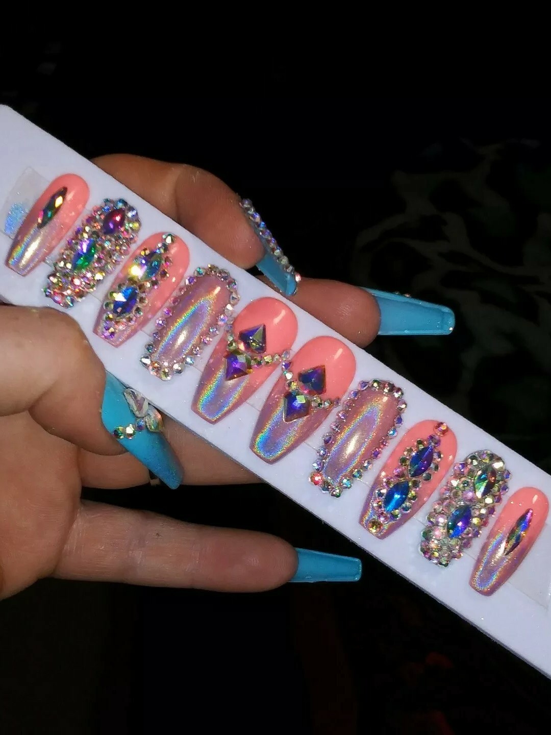 bling coral holographic press on nails coffin crystal diamond chrome metallic