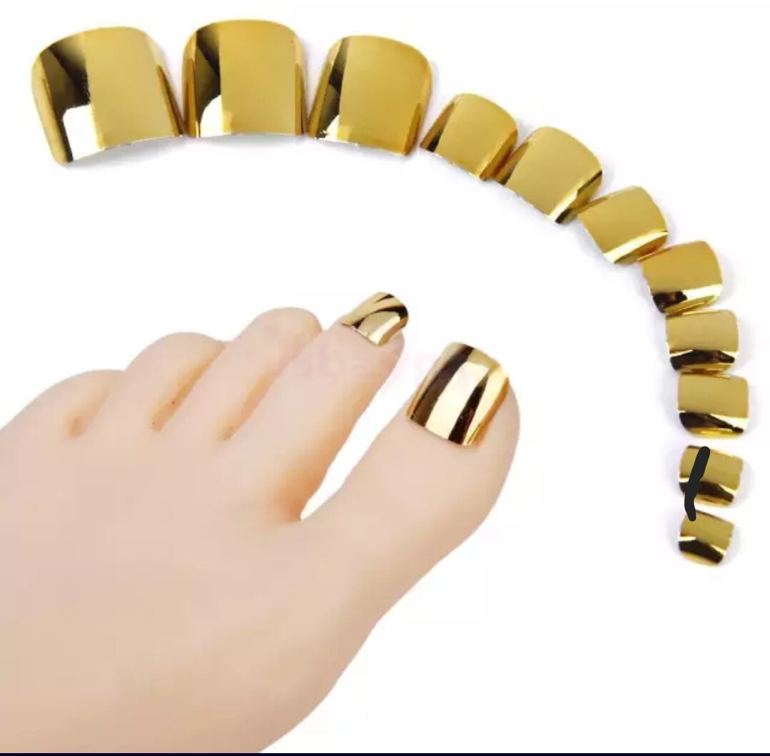 24 Gold chrome Press on Toe nails kit w glue mirror bling