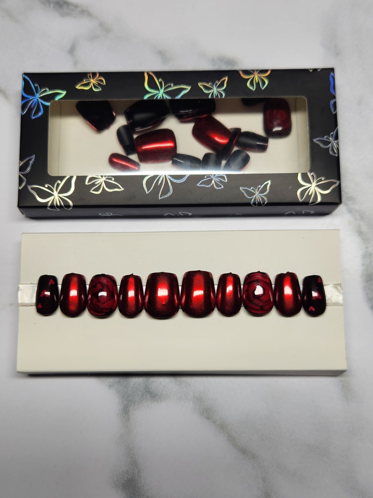 30Pc Bold & Romantic Press-On Nail Set. Deep Red. Rose Accent. New & Hand Made