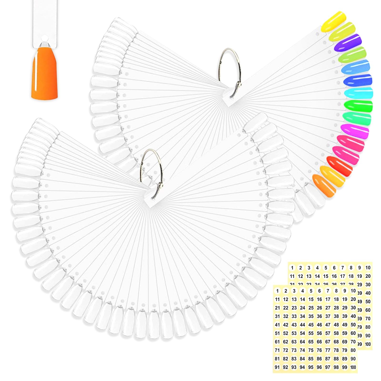 100 Pcs Clear Nail Swatch Sticks with Ring Fan Shape Nail Color Swatches Sticks