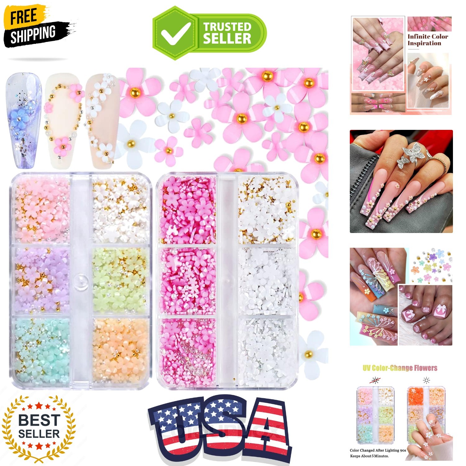3D Flower Nail Charms, 2 Boxes 3D Acrylic Flower Nail Art Charms and Gems Whi…