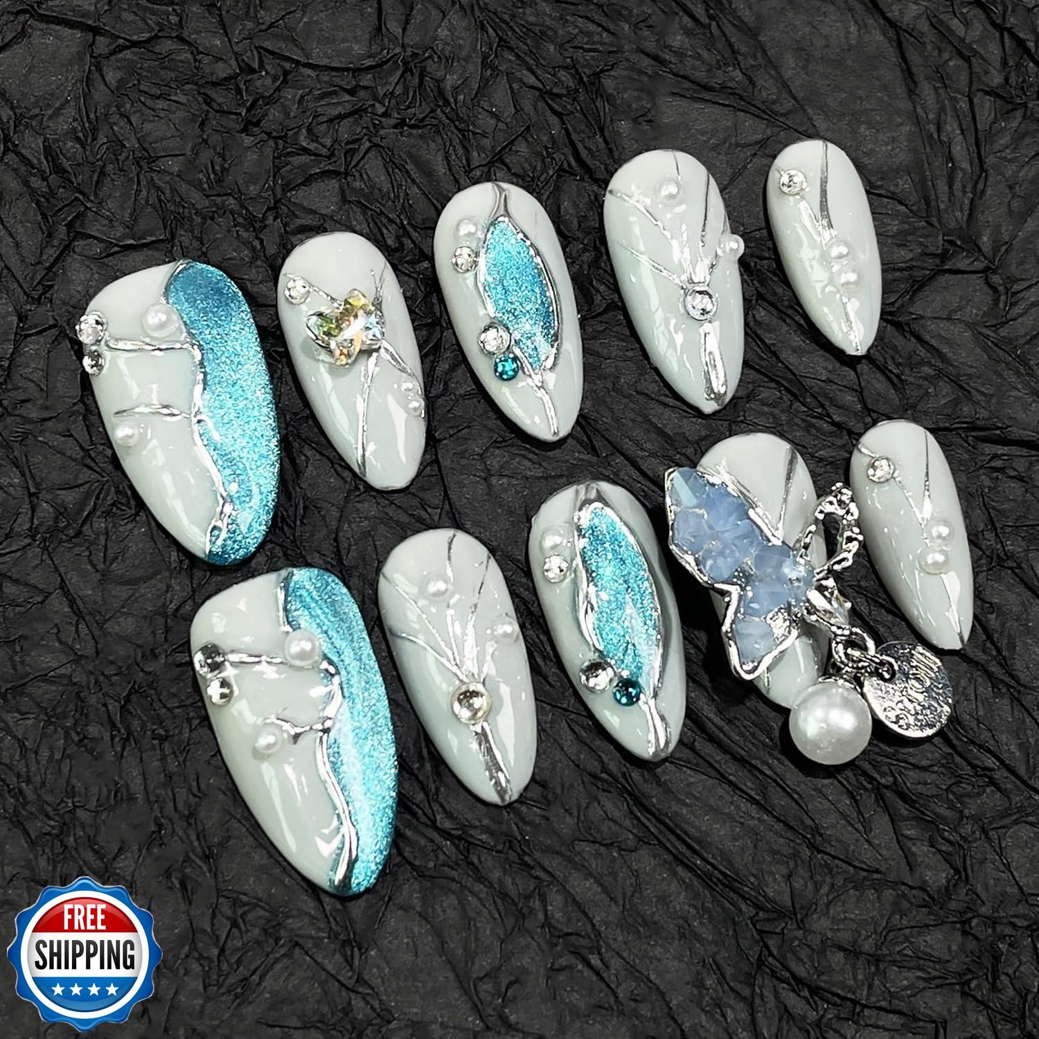 Almond Handmade Press on Nails Blue Glitter Acrylic Nails with 3D Irregular P