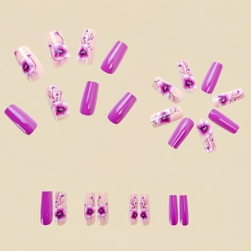 24Pcs Purple Press on Nails Medium Square QUNQINLI Coffin Fake Nails Design F1