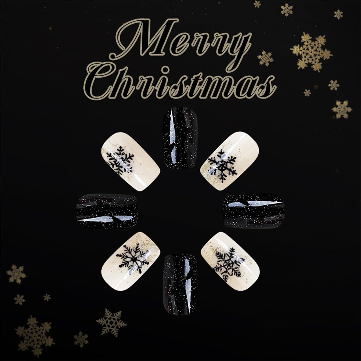 Black Press on Nails Medium Square Fake Nails with Designs Snowflake Stick