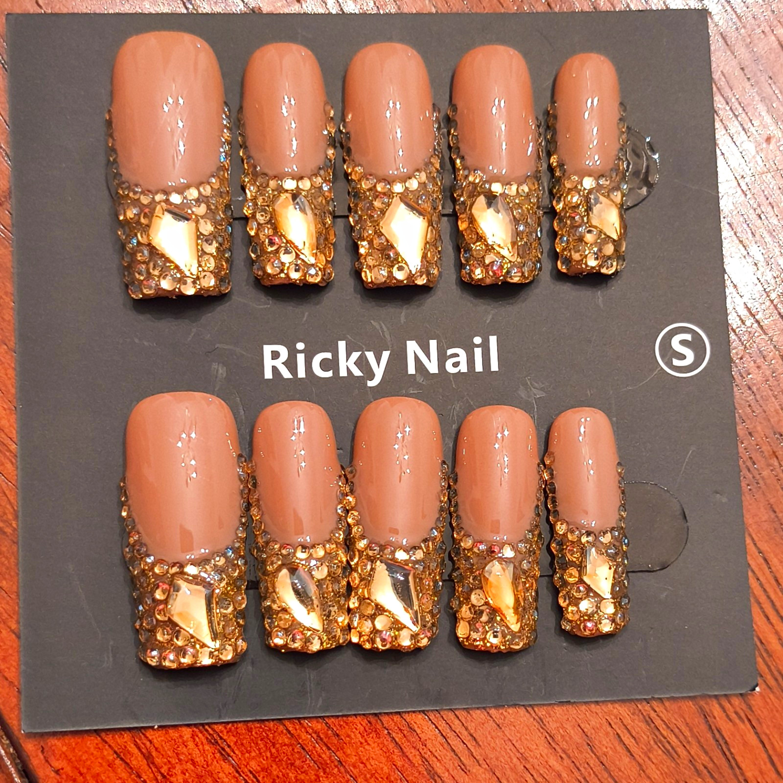 Ricky Nail Press-On Nails Medium Square Brown Gold Rhinestone Full Cover Shiny
