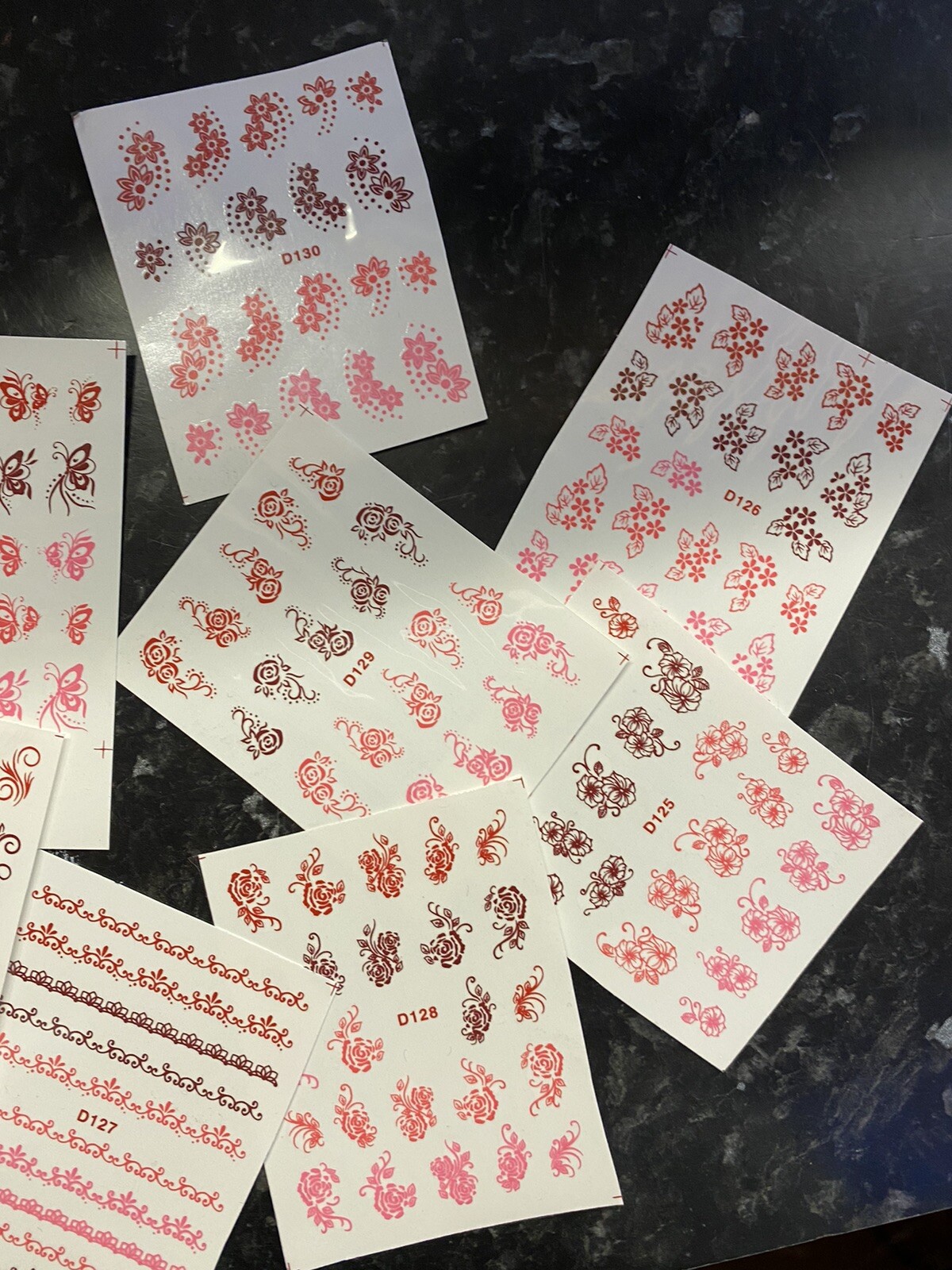 12 Sketch Henna Mehndi Arty Red Pink Butterfly Flower Nail Transfers Uk Seller