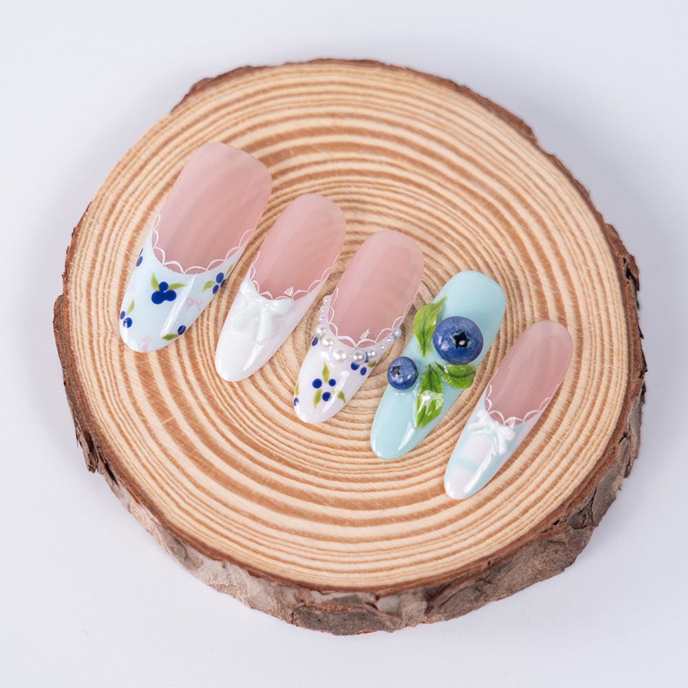 10pcs Pink Mint Square Nails 3D Blueberry Lace Bow Summer Picnic Cute