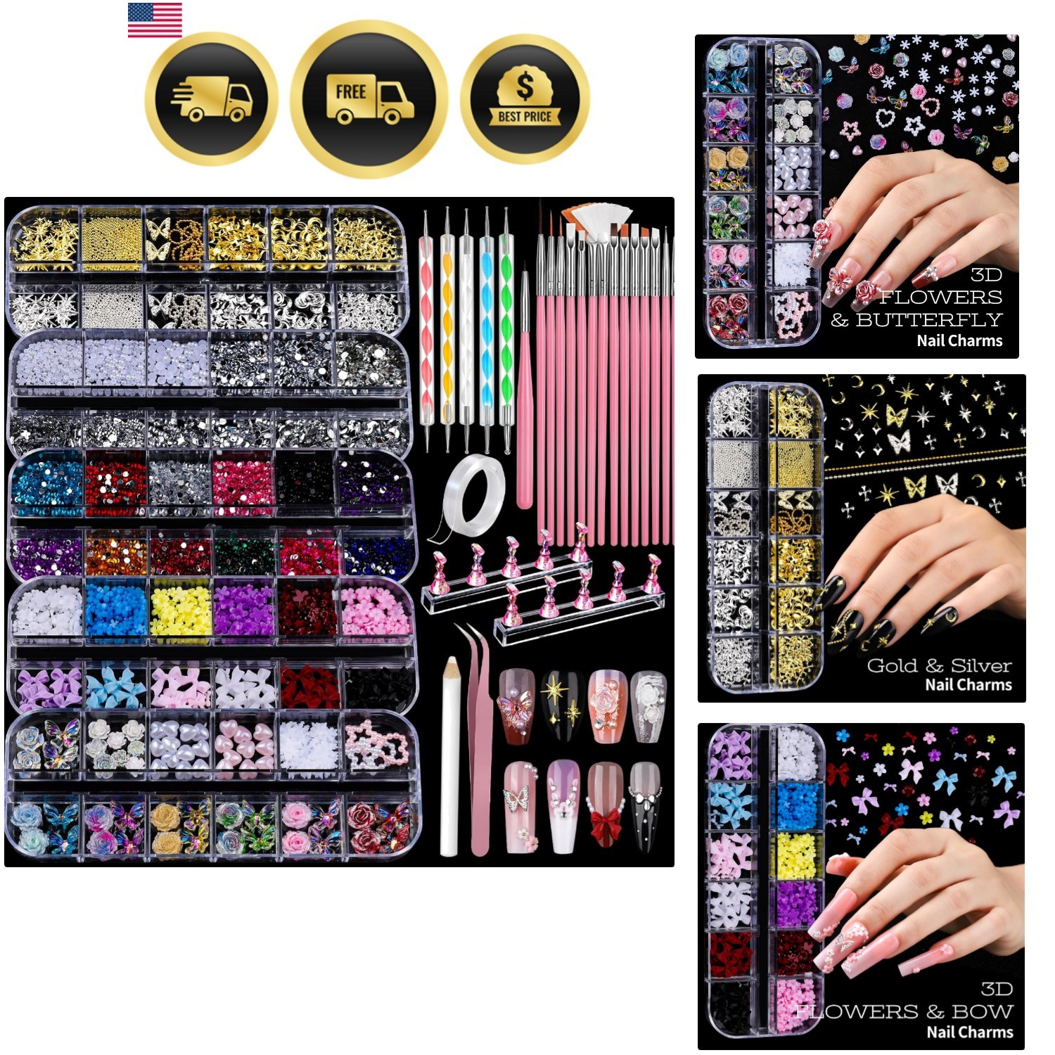 Nail Charms and Nail Art Tools Set, Nail Art Kit with 5 Boxes of 3D Nail Char…