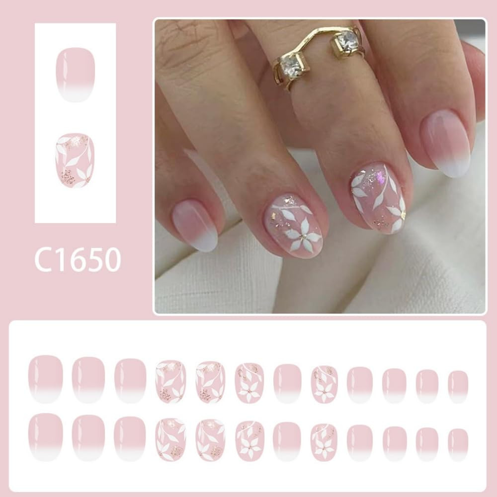 Flower Press on Nails Short Oval Fake Nails with Glitter Design Glossy Ombre