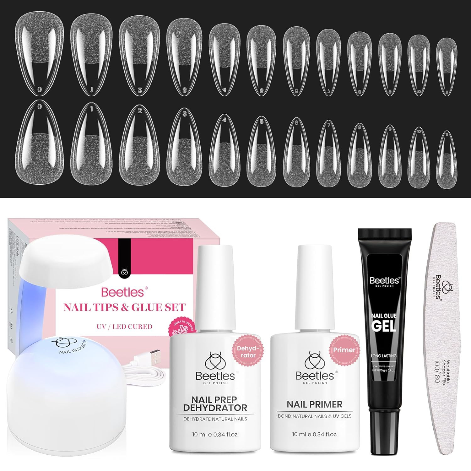 Beetles Gel Nail Kit Medium Almond with Dehydrator and Primer, 576Pcs Half Matte