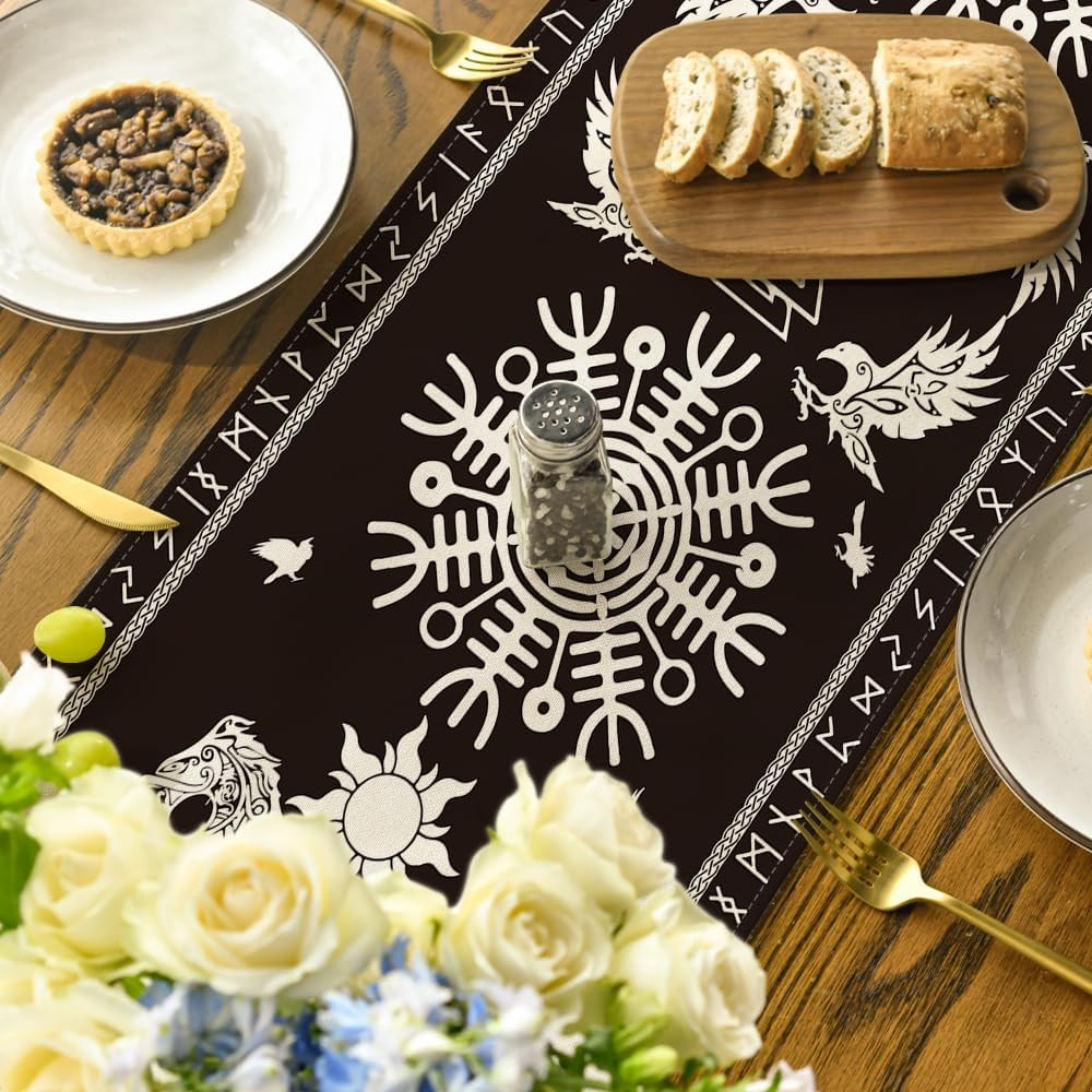 Black Viking Tree of Life Raven Helmet of Awe Table Runner, Seasonal Kitchen Din