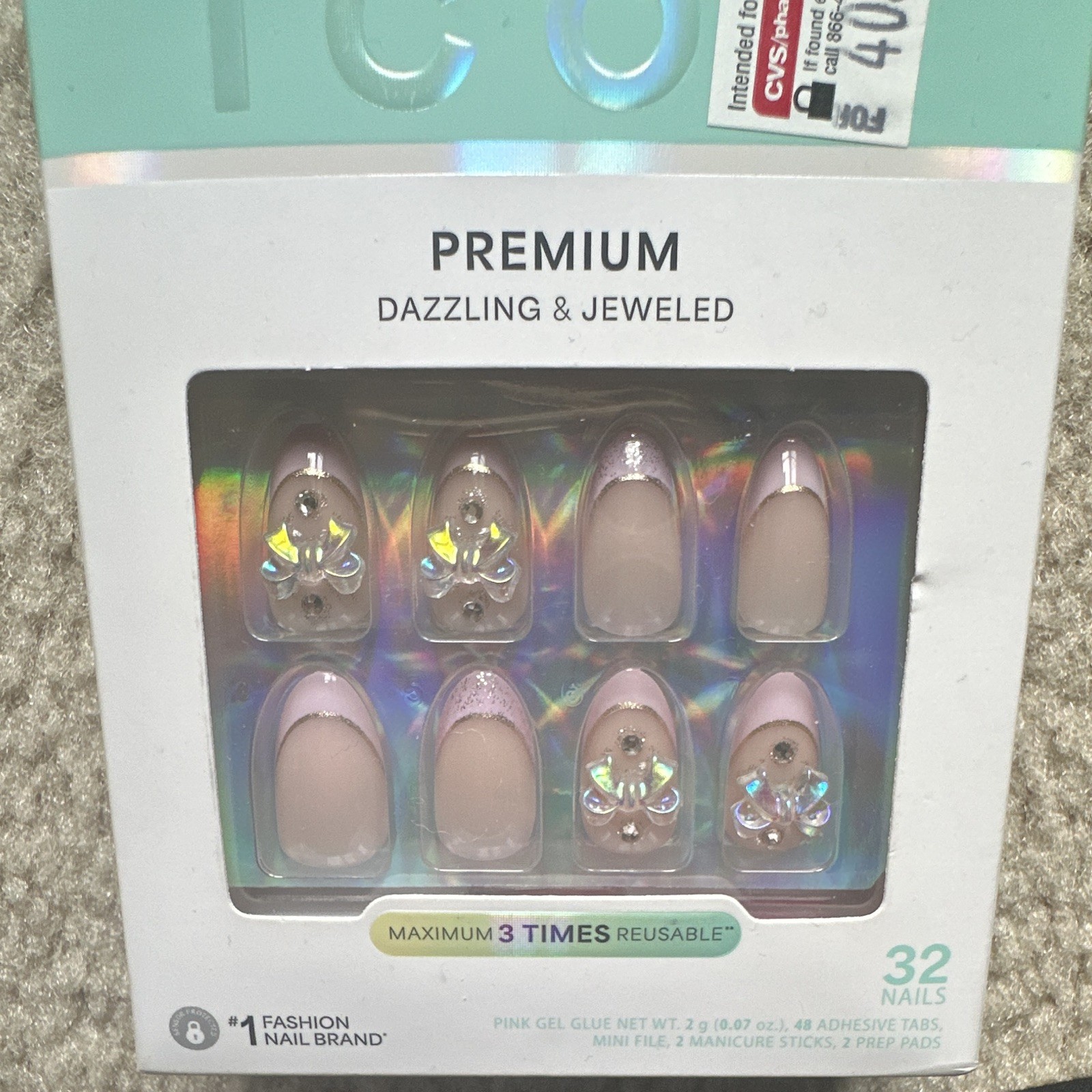 Kiss Pink Shiny Jewel Reusable Finger Press-On Nails Set, 32 Nails