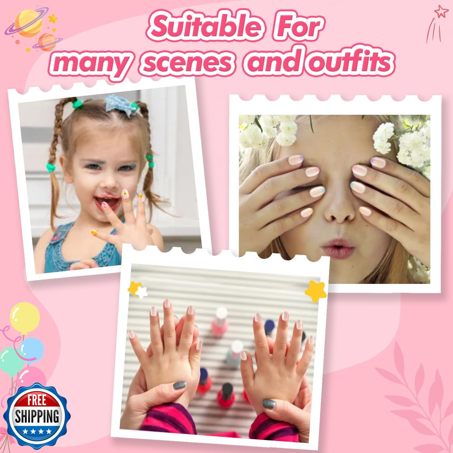 Misssix 78 Pcs Press on Nails for Kids, 3 Pack Kid Fake Nail Kit Cute Press o