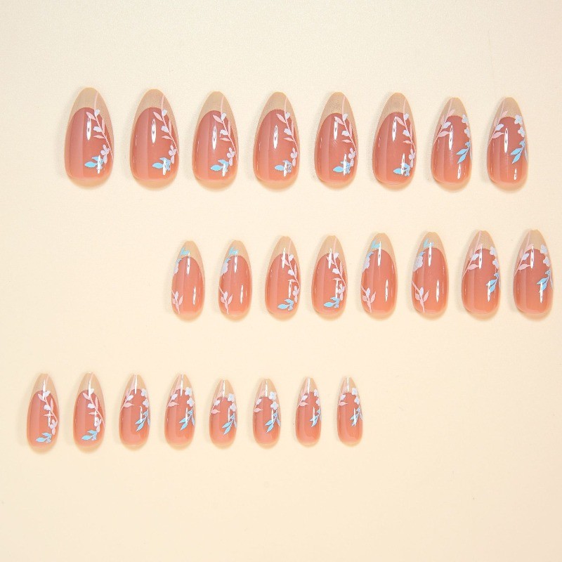 48pcs-Nude Almond Press on Nails, Yellow French Tip with Painted Flower & Leaves