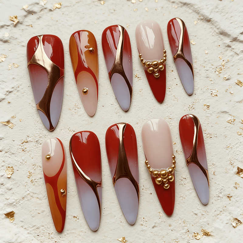 Handmade Gold Lined Press on Nails Red Blue Ombre Medium Almond Bead 3D Gift