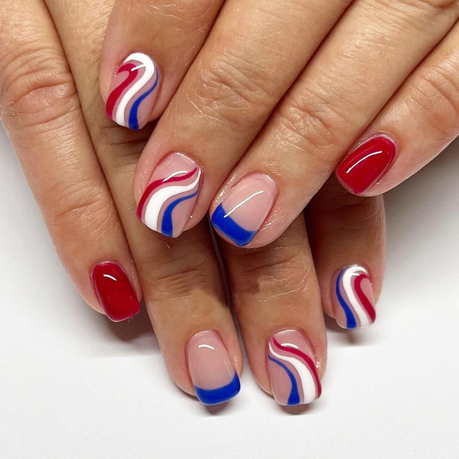 4th of July Press on Nails Short Square Fake Nails French Tip False Nails Red…