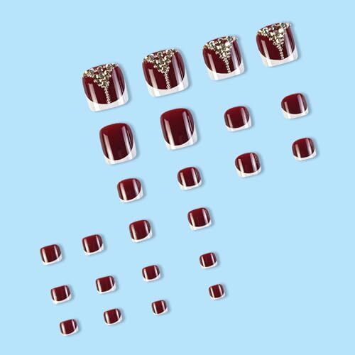Red Press on Toenails French Tip Fake Toenail Rhinestone False Nail Style-18