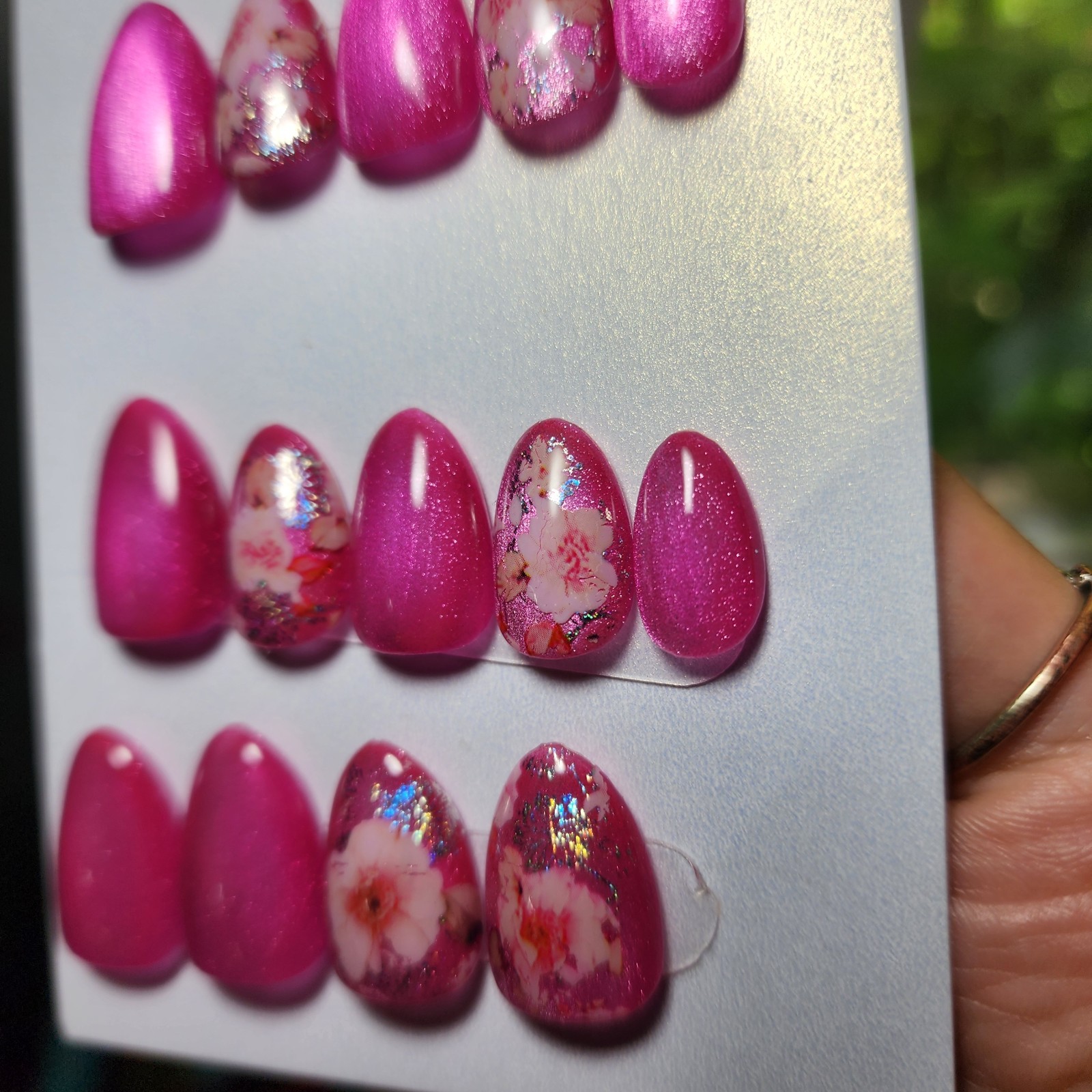Handmade Reusable Extra Short Almond Pink Cateye Sakura Press On Nails