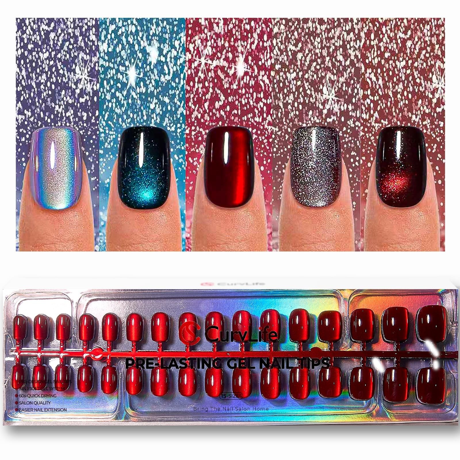 Soft Gel Cat Eye Press-On Nails 160Pcs, Glossy Glitter Full Cover Nail Tips, Reu