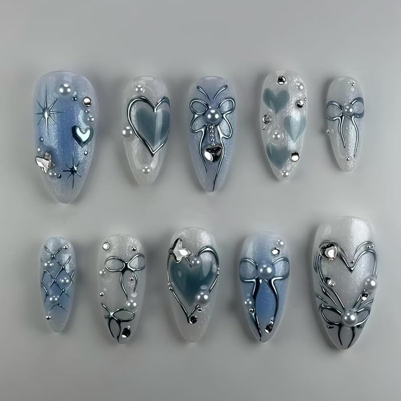 24Pcs Blue Ombre Press on Nails Medium Almond Fake Nails with 3D Butterfly 3D-6