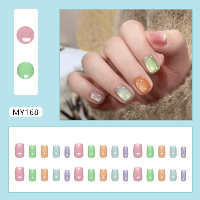60pcs Short Square Press on Nails, Multicolor Gradient Cat Eye Glitter Nail Art