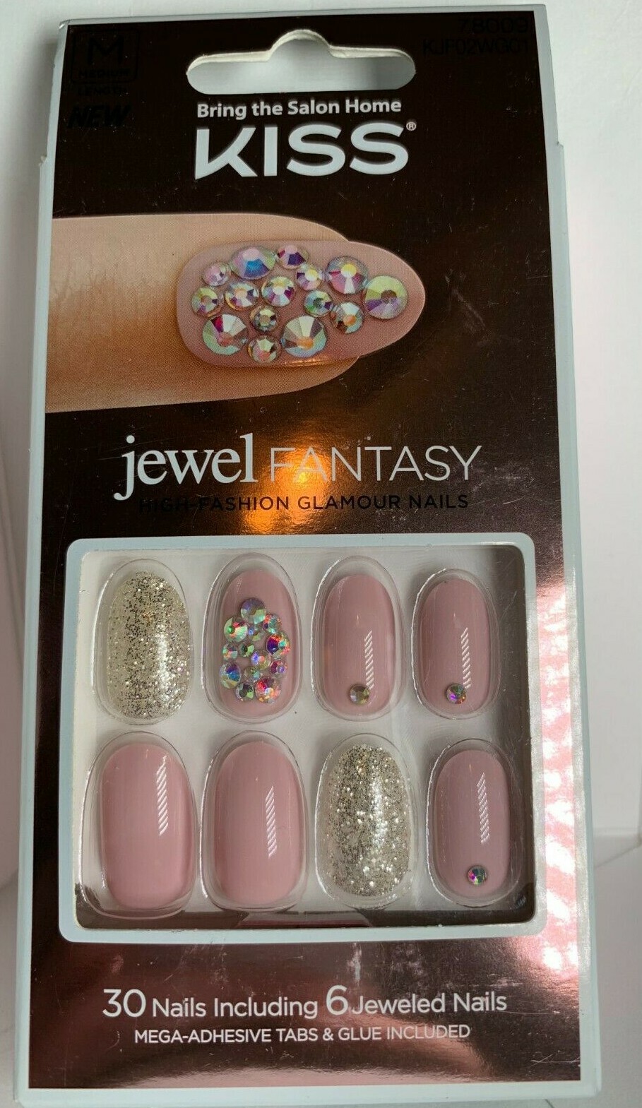 Kiss Nails Jewel Fantasy Glue or Press on Manicure Medium Pink Silver Glitter