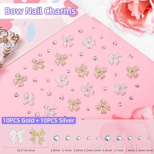 3D Bow Nail Charms and Gems, Pink Black Bows Flower Nail Art Charms Alloy Set-3