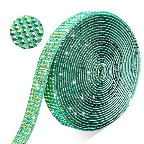 Self Adhesive Rhinestone Ribbon Crystal Strips, 3 Width-0.35 inch Green AB