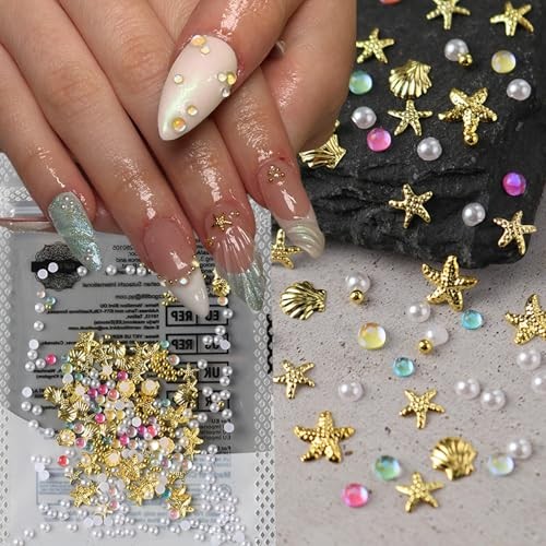Summer Starfish Nail Charms & Gems Mermaid Colorful Colorful Bead Pearl -12