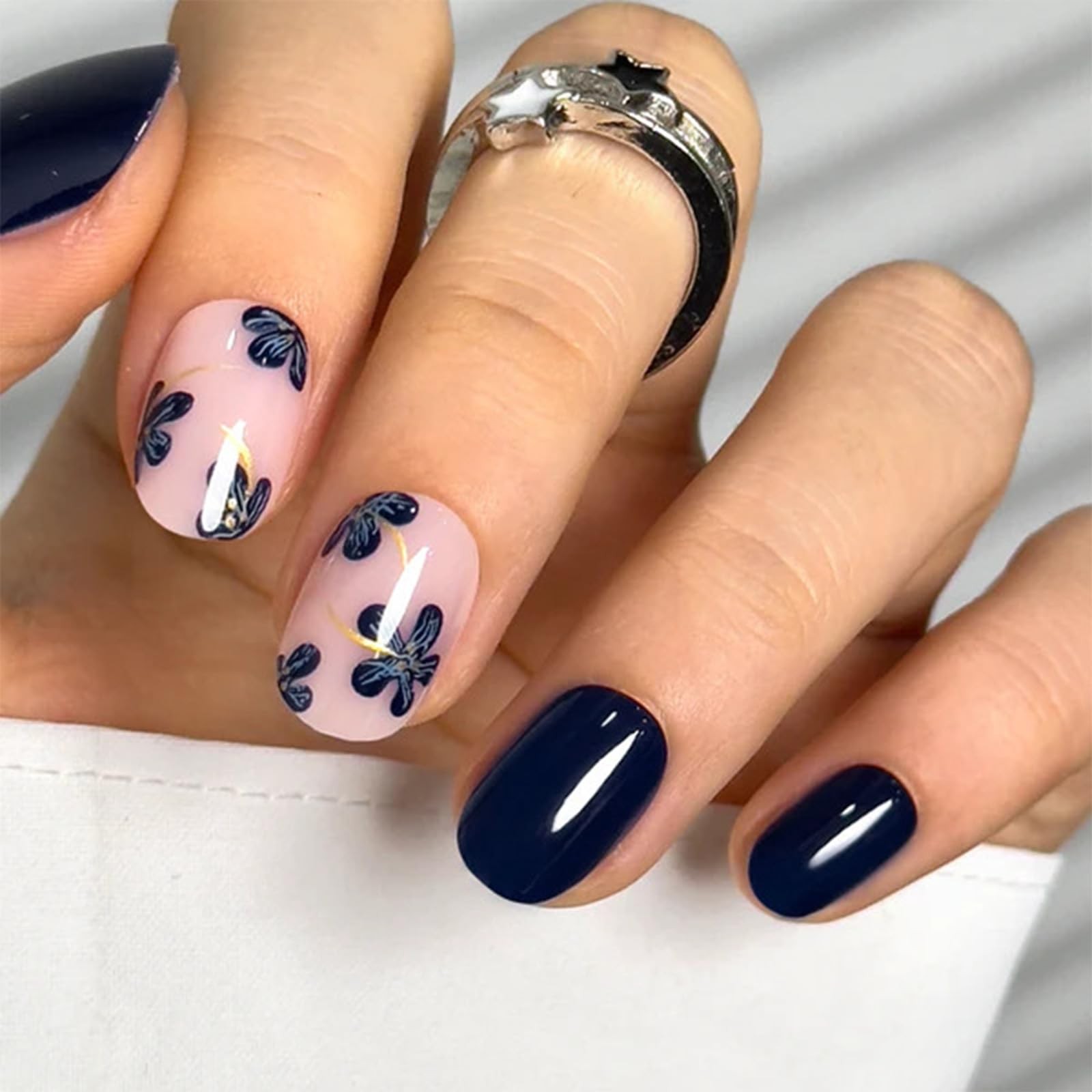 Spring Dark Blue Press on Nails Short Square Acrylic Nails Press ons Summer F…