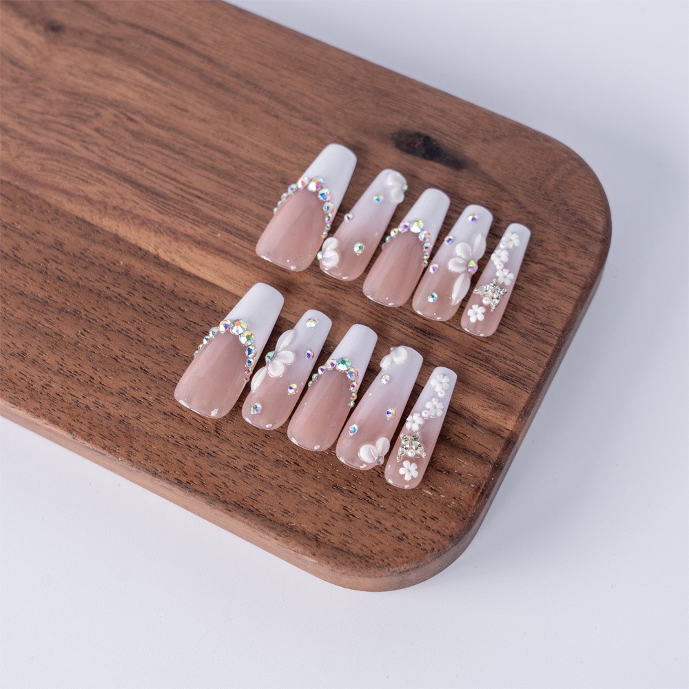 10pcs Luxury Handmade French Tip Press On Nails Long Coffin Stick On Nails Gift