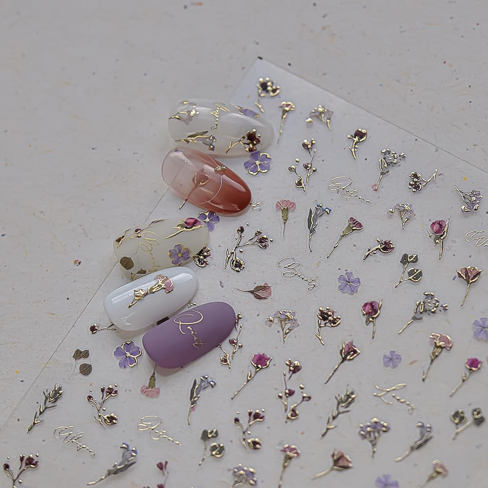 Flower Nail Stickers 5D Embossed Rose Flower Nail Decals 1PCS Gold Rose Sticker