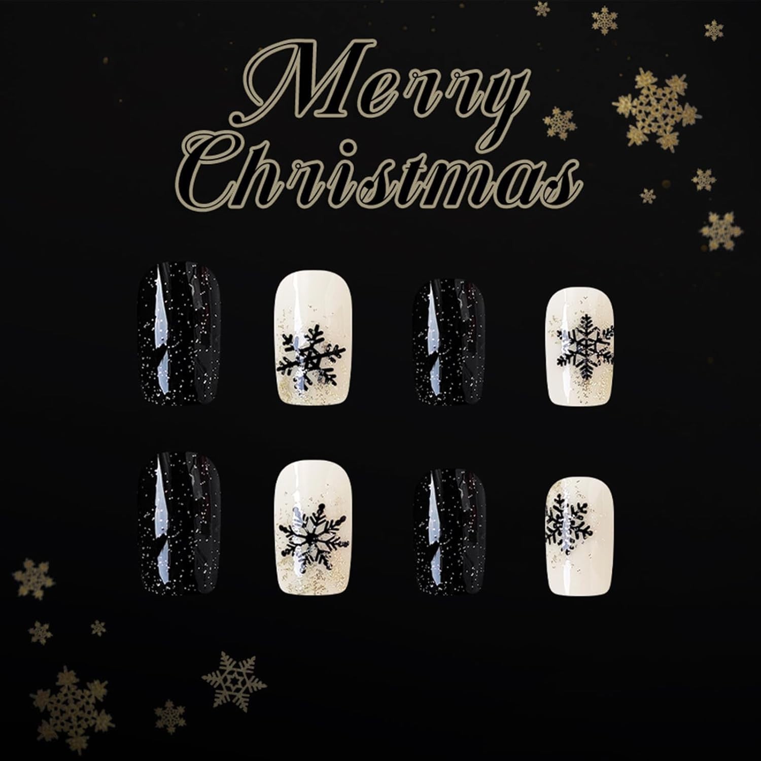Black Press on Nails Medium Square Fake Nails with Designs Snowflake Stick