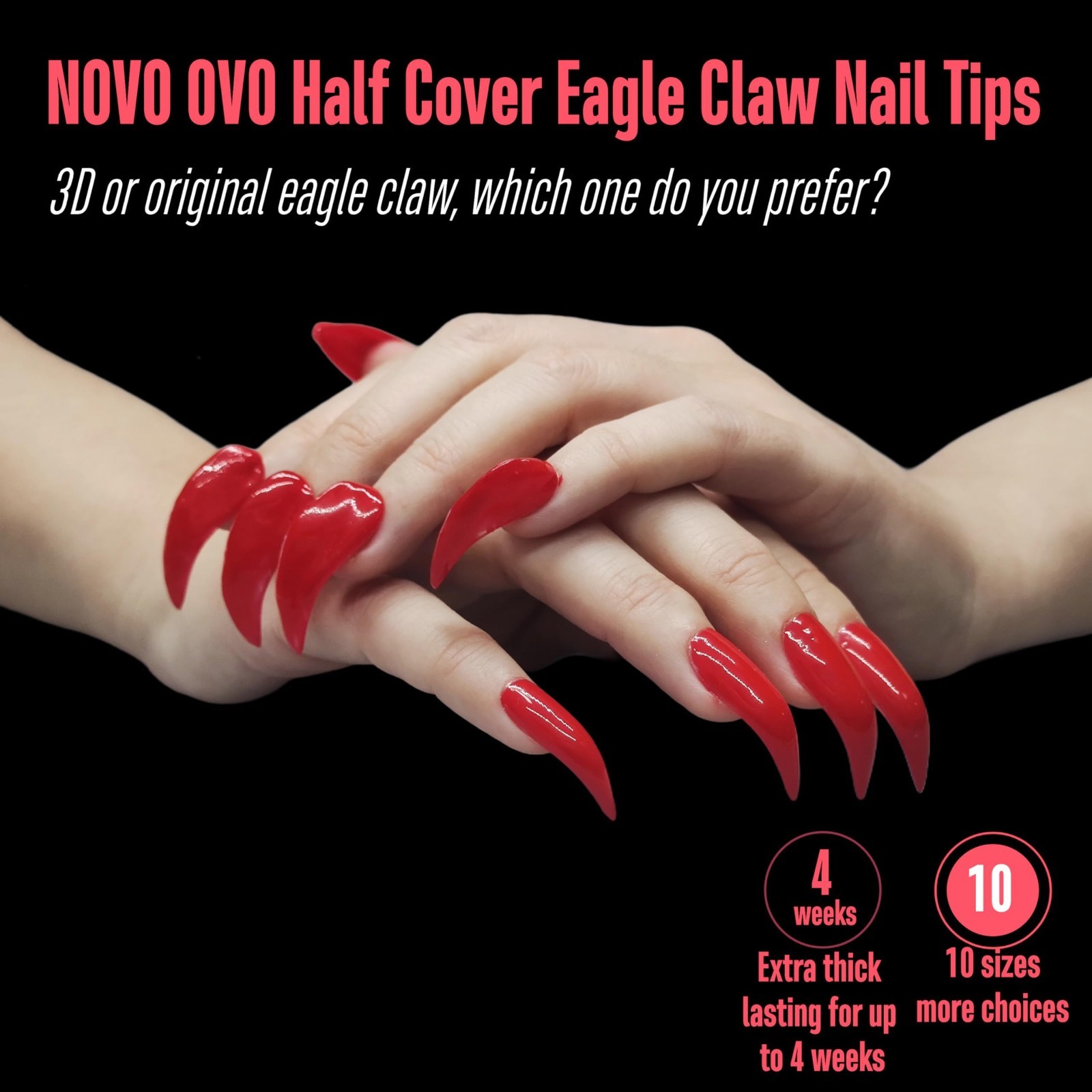500 Pcs Halloween Stiletto False Nails – Curved Raptor Claw Tips, 10 Sizes, Acry
