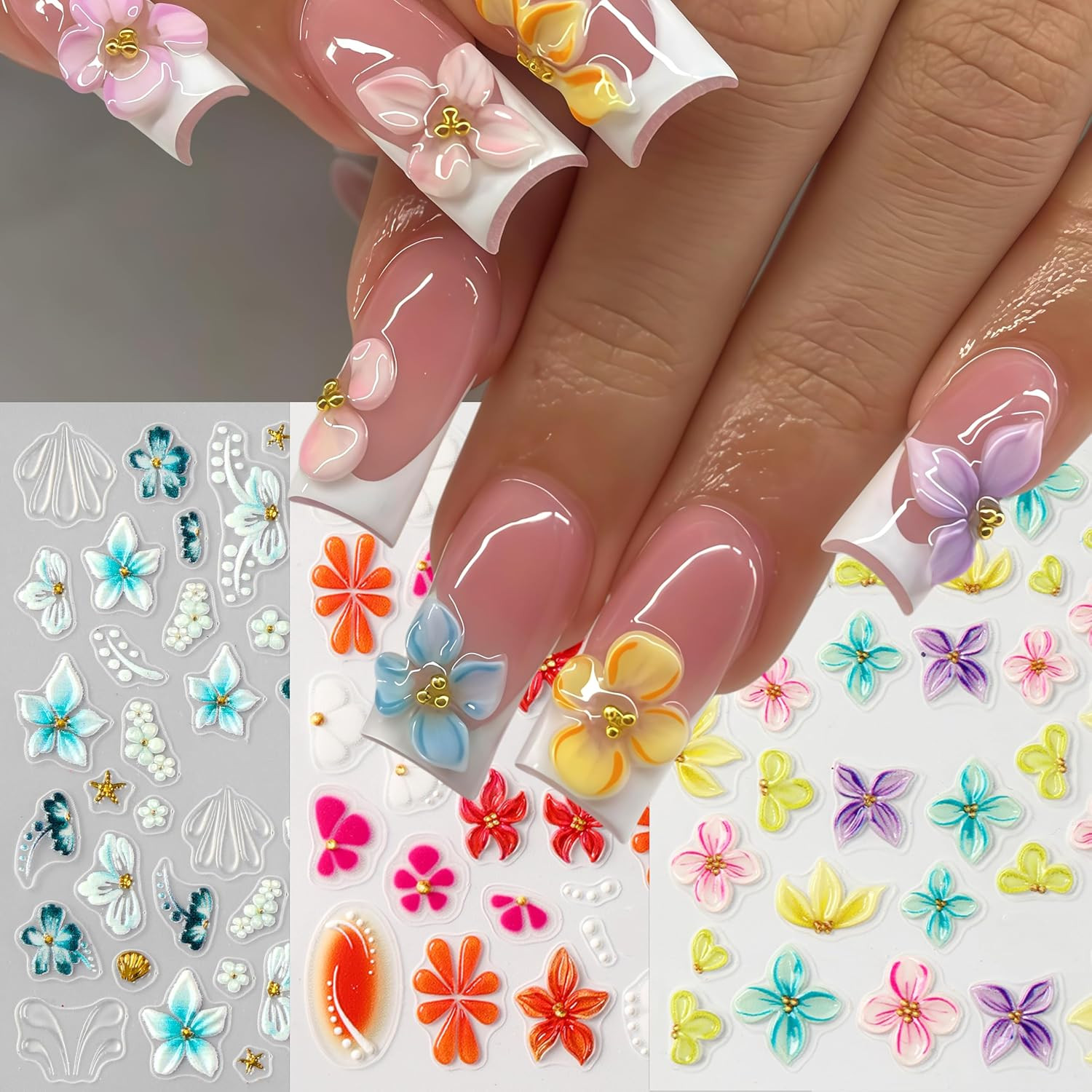 3 Sheets 5D Embossed Lily Flower Stickers for Nails Colorful Hibiscus Nail Stick