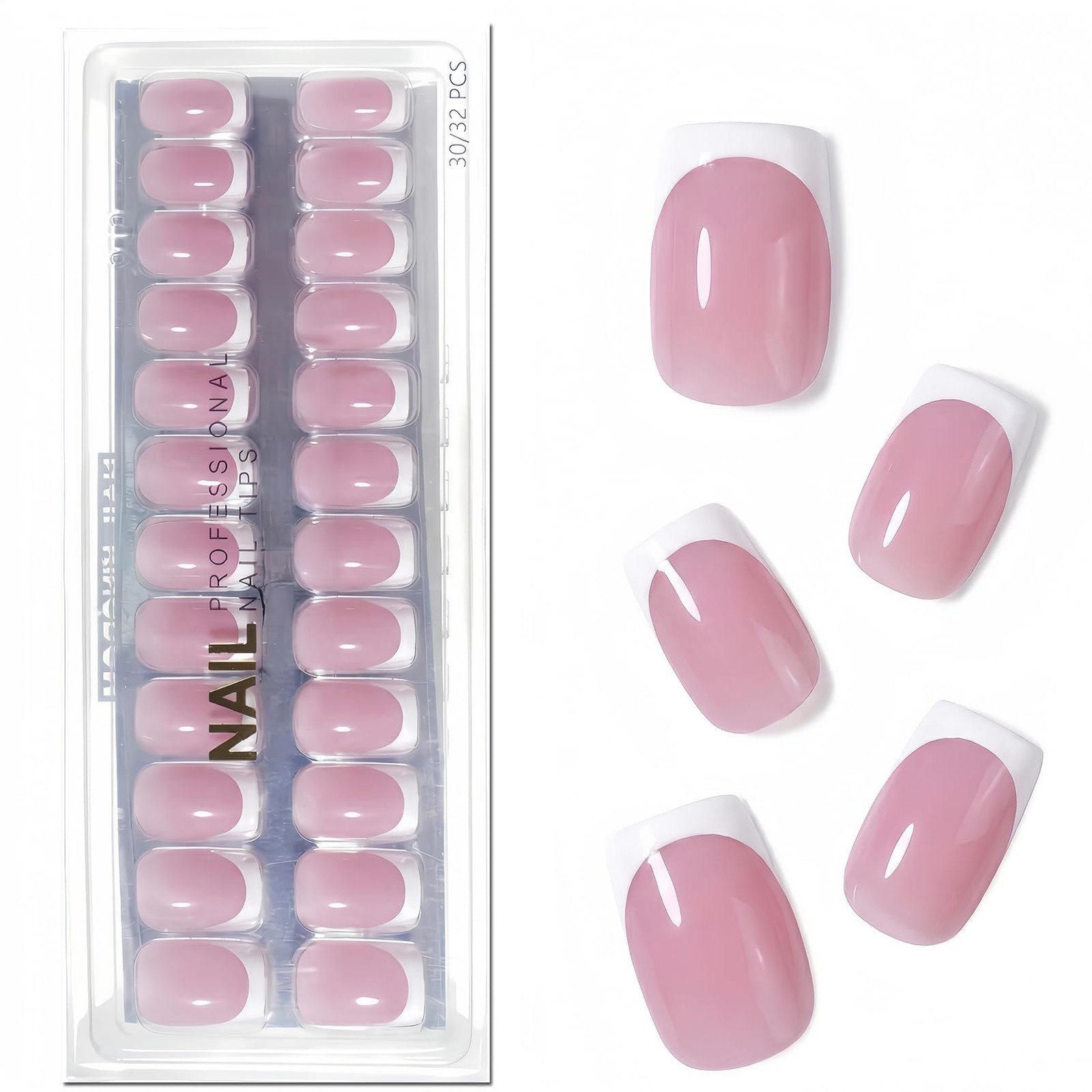 32Pcs Short Square Press On Nails Glossy Jelly Pink, Natural French Tip Fake …