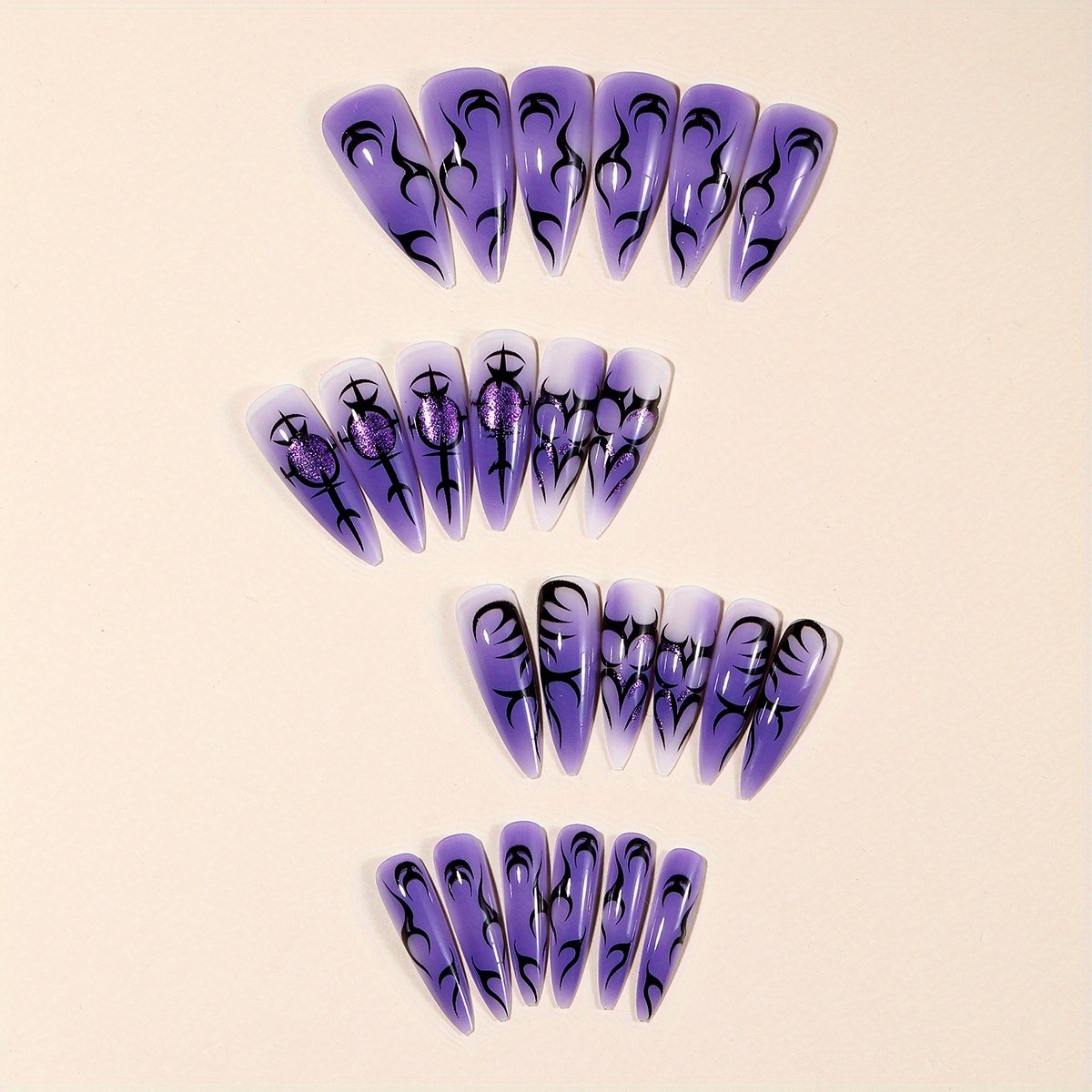 24Pc Stiletto Purple Black Gradient Press on Nails Gothic Tribal Edgy Party Wear