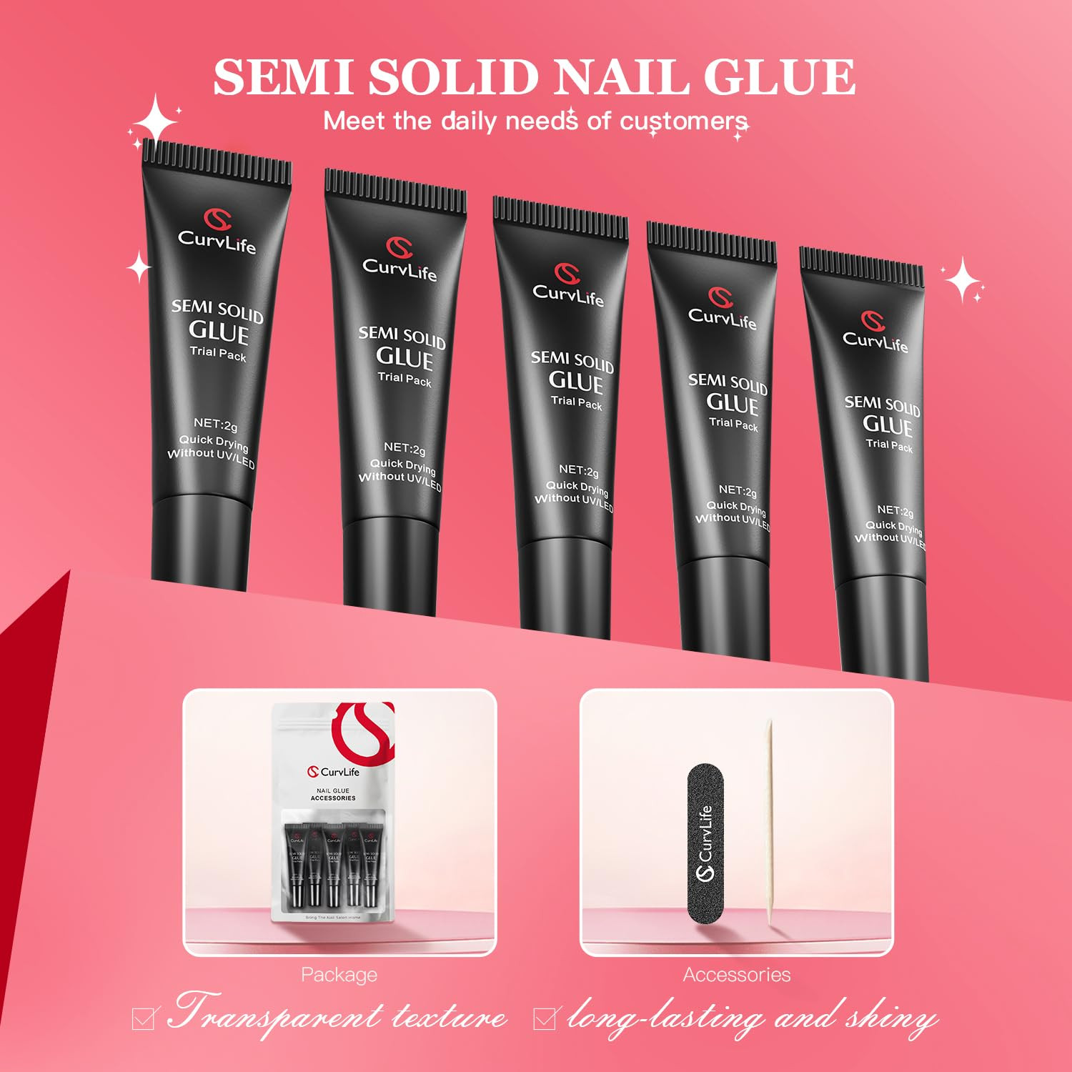 Nail Tips Semi Solid Nail Glue 2G (5Pcs) – Super Strong, Soft Glue Gel Quick Dry
