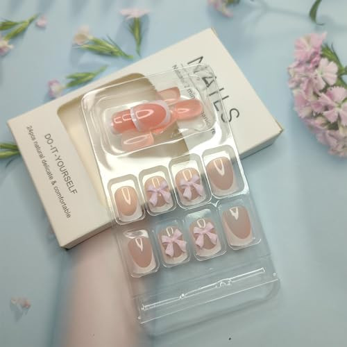 24Pcs BMKKOT Short Press on Nails White French Tip Fake Nails Pink Full Cover