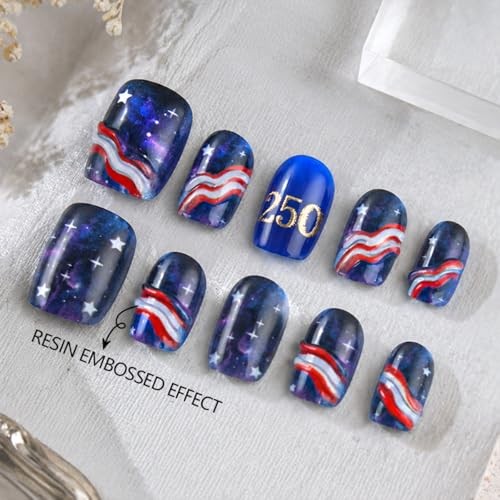 4th of July Press on Nails – Short Square Fake Nails with Starry Sky Nails – 231