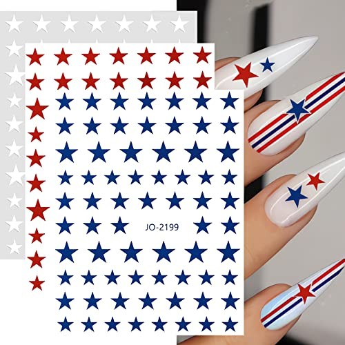 6 Sheets Red Blue White Star Nail Stickers, 3D Self-Adhesive Classic Star Nail