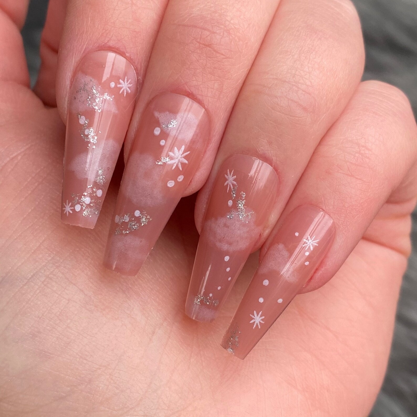 Nude Long Coffin Cloud Pink Dreamy Press On Nails 24pcs All Sizes Fake Nails NEW